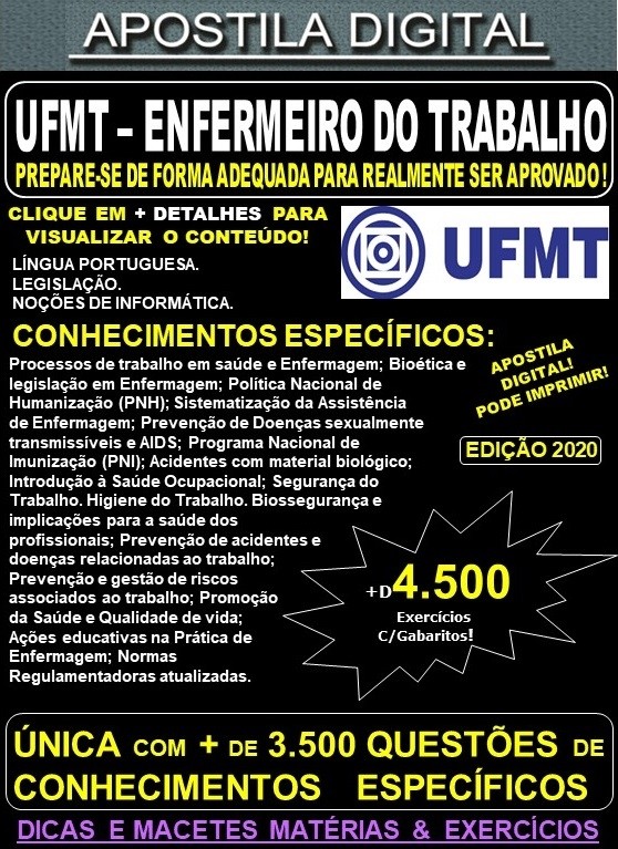 Apostila UFMT - ENFERMEIRO do TRABALHO - Teoria + 4.500 Exercícios - Concurso 2021