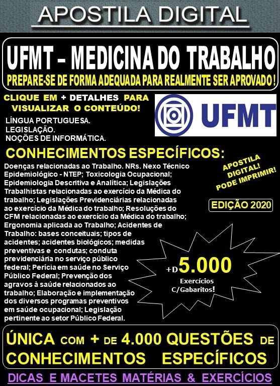 Apostila UFMT - MÉDICO / ÁREA: MEDICINA do TRABALHO  - Teoria + 5.000 Exercícios - Concurso 2021