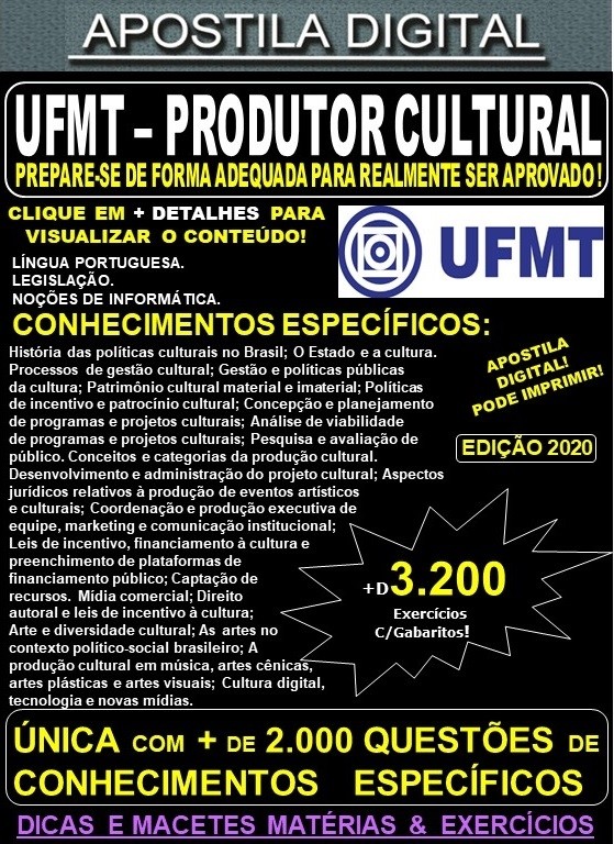 Apostila UFMT - PRODUTOR CULTURAL - Teoria + 3.200 Exercícios - Concurso 2021