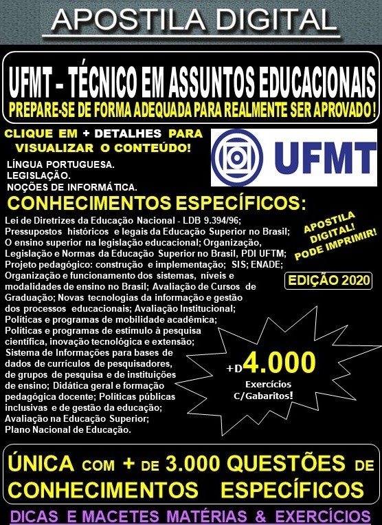 Apostila UFMT - TÉCNICO em ASSUNTOS EDUCACIONAIS - Teoria + 4.000 Exercícios - Concurso 2021