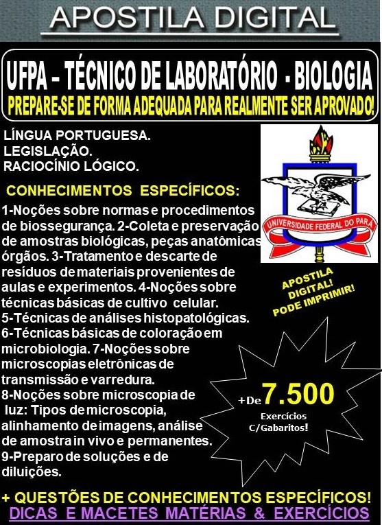 Apostila UFPA - TÉCNICO DE LABORATÓRIO - BIOLOGIA - Teoria + 7.500 Exercícios - Concurso 2022