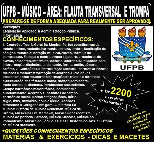 Apostila UFPB - MÚSICO - Áreas: FLAUTA TRANSVERSAL e TROMPA - Teoria + 2.200 Exercícios - Concurso 2019