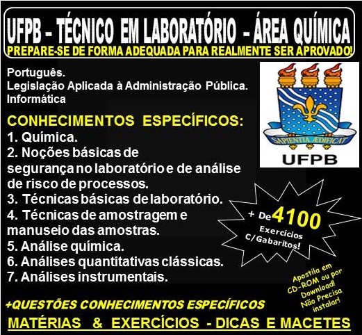 Apostila UFPB - TÉCNICO em LABORATÓRIO - Área QUÍMICA - Teoria + 4.100 Exercícios - Concurso 2019