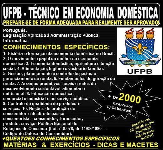 Apostila UFPB - TÉCNICO em ECONOMIA DOMÉSTICA - Teoria + 2.200 Exercícios - Concurso 2019