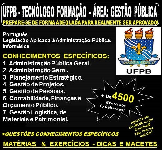 Apostila UFPB - TECNÓLOGO FORMAÇÃO - Área: GESTÃO PÚBLICA - Teoria + 4.500 Exercícios - Concurso 2019