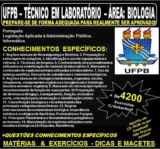 Apostila UFPB - TÉCNICO em LABORATÓRIO - Área: BIOLOGIA - Teoria + 4.200 Exercícios - Concurso 2019