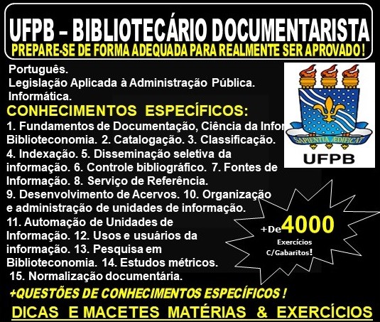 Apostila UFPB - BIBLIOTECÁRIO DOCUMENTARISTA - Teoria + 4.000 Exercícios - Concurso 2019