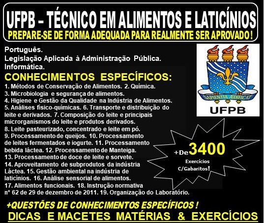 Apostila UFPB - TÉCNICO em ALIMENTOS e LATICÍNIOS - Teoria + 3.400 Exercícios - Concurso 2019