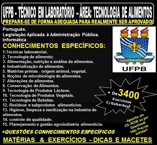 Apostila UFPB - TÉCNICO em LABORATÓRIO - Área: TECNOLOGIA de ALIMENTOS - Teoria + 3.400 Exercícios - Concurso 2019
