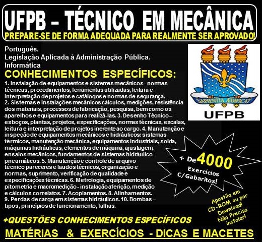 Apostila UFPB - TÉCNICO em MECÂNICA - Teoria + 4.000 Exercícios - Concurso 2019