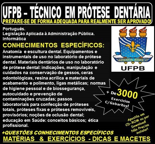 Apostila UFPB - TÉCNICO em PRÓTESE DENTÁRIA - Teoria + 3.000 Exercícios - Concurso 2019