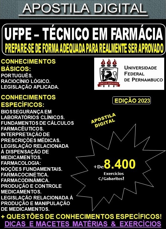Apostila UFPE - TÉCNICO em FARMÁCIA - Teoria + 8.400 Exercícios - Concurso 2023