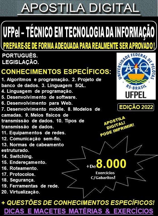 Apostila UFPel RS - TÉCNICO de TECNOLOGIA da INFORMAÇÃO - Teoria + 8.000 Exercícios - Concurso 2022