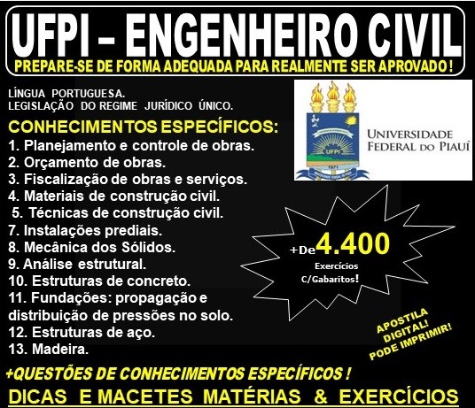 Apostila UFPI - ENGENHEIRO CIVIL - Teoria + 4.400 Exercícios - Concurso 2019