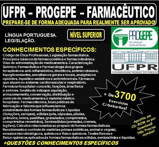 Apostila UFPR - PROGEPE - FARMACÊUTICO - Teoria + 3.700 Exercícios - Concurso 2018-2019