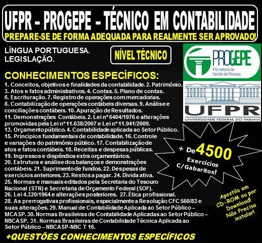 Apostila UFPR - PROGEPE - TÉCNICO em CONTABILIDADE - Teoria + 4.500 Exercícios - Concurso 2018-2019