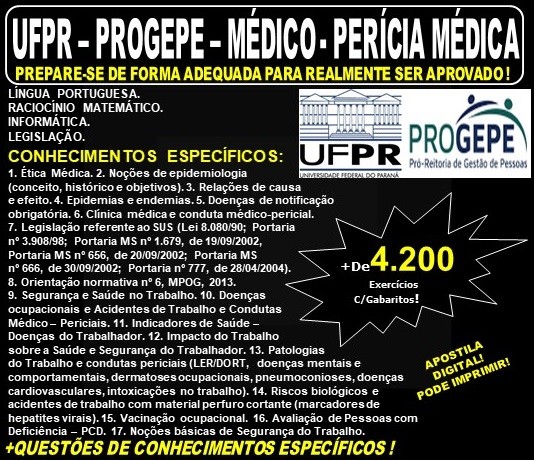 Apostila UFPR - PROGEPE - MÉDICO - PERÍCIA MÉDICA - Teoria + 4.200 Exercícios - Concurso 2019