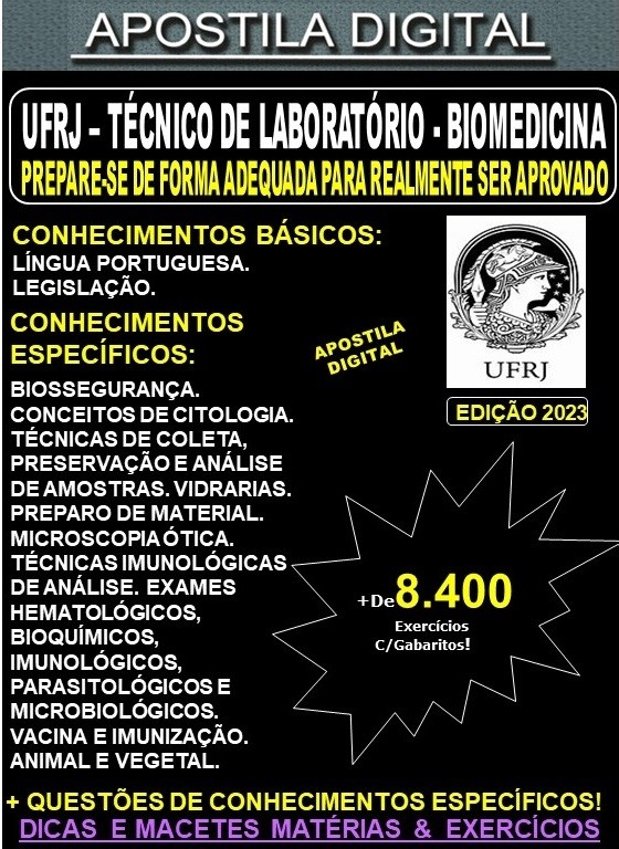 Apostila UFRJ - Técnico de Laboratório - BIOMEDICINA - Teoria + 8.400 Exercícios - Concurso 2023