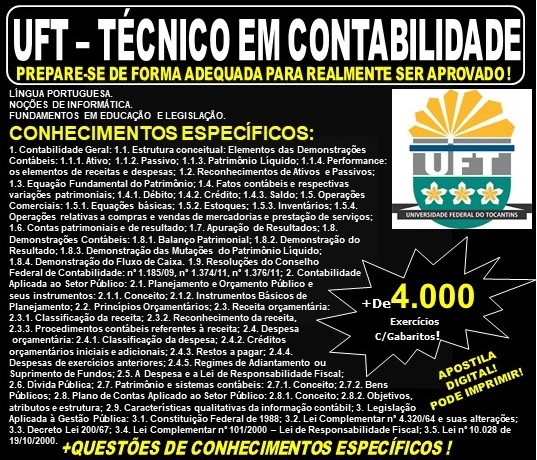 Apostila UFT - TÉCNICO em CONTABILIDADE - Teoria + 4.000 Exercícios - Concurso 2019