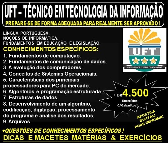 Apostila UFT - TÉCNICO de TECNOLOGIA da INFORMAÇÃO - Teoria + 4.500 Exercícios - Concurso 2019