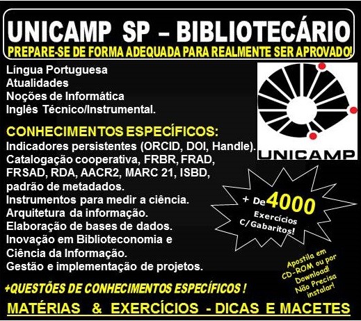 Apostila UNICAMP SP - BIBLIOTECÁRIO - Teoria + 4.000 Exercícios - Concurso 2018