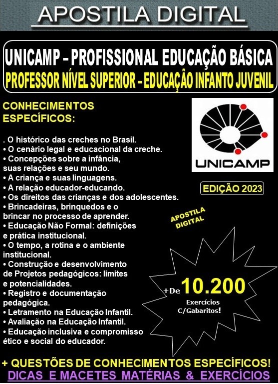 Apostila UNICAMP - PROFISSIONAL EDUCAÇÃO BÁSICA - Teoria + 10.200 Exercícios - Concurso 2023