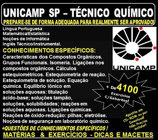 Apostila UNICAMP SP - TÉCNICO QUÍMICO - Teoria + 4.100 Exercícios - Concurso 2018