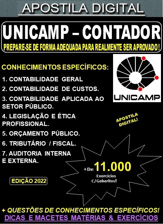 Apostila UNICAMP - CONTADOR - Teoria + 11.000 Exercícios - Concurso 2022