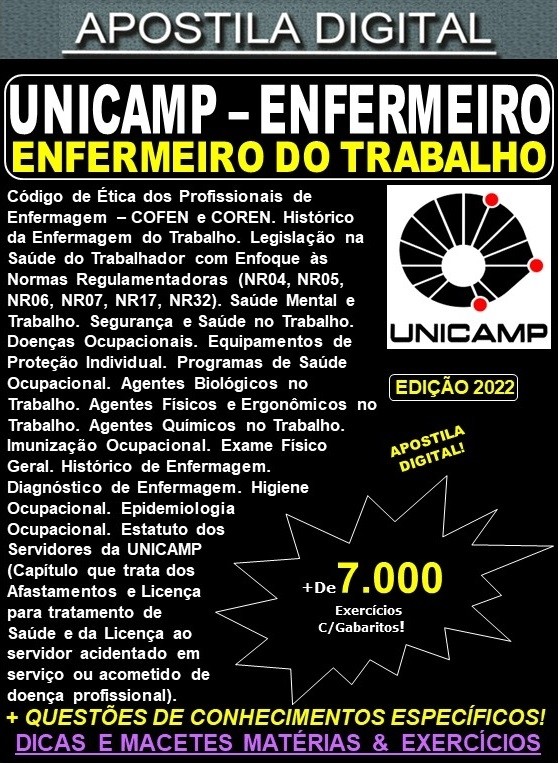 Apostila UNICAMP - Enfermeiro - ENFERMEIRO do TRABALHO - Teoria + 7.000 Exercícios - Concurso 2022