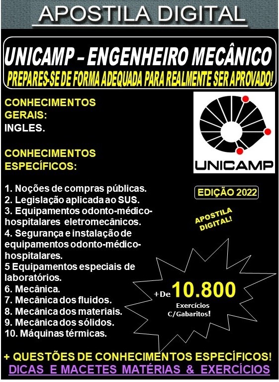 Apostila UNICAMP - ENGENHEIRO MECÂNICO - Teoria + 10.800 Exercícios - Concurso 2022