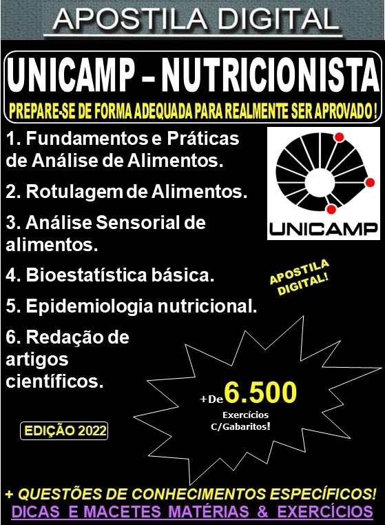 Apostila UNICAMP - NUTRICIONISTA - Teoria + 6.500 Exercícios - Concurso 2022