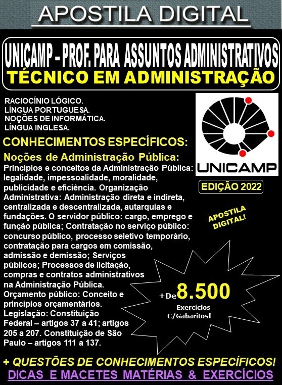 Apostila UNICAMP - Profissional para Assuntos Administrativos - TÉCNICO em ADMINISTRAÇÃO - Teoria + 8.500 Exercícios - Concurso 2022