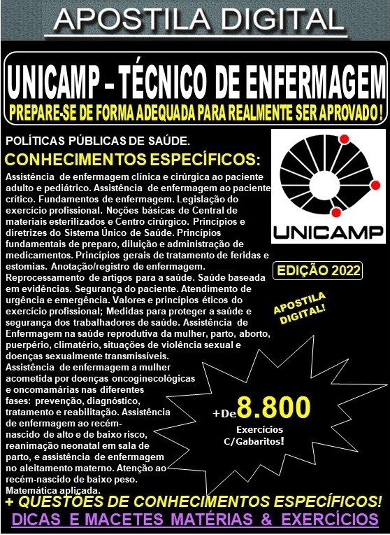 Apostila UNICAMP - TÉCNICO em ENFERMAGEM - Teoria + 8.800 Exercícios - Concurso 2022