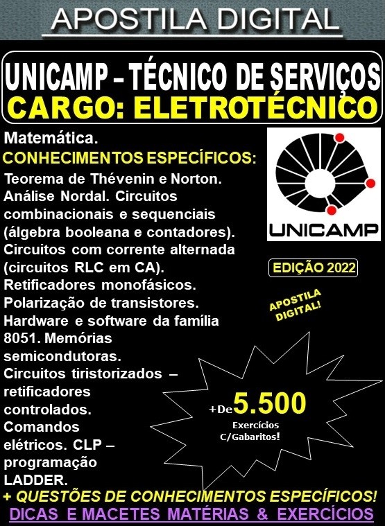 Apostila UNICAMP - Profissional de Apoio Técnico de Serviços - ELETRÔNICO - Teoria + 5.500 Exercícios - Concurso 2022