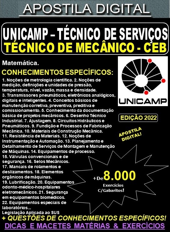 Apostila UNICAMP - Profissional de Apoio Técnico de Serviços - TÉCNICO MECÂNICO - CEB - Teoria + 8.000 Exercícios - Concurso 2022