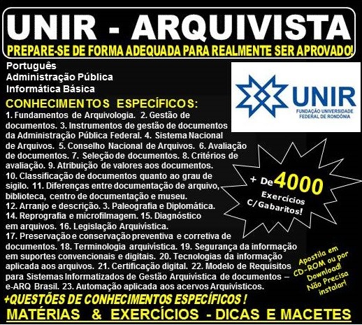 Apostila UNIR - ARQUIVISTA - Teoria + 4.000 Exercícios - Concurso 2018