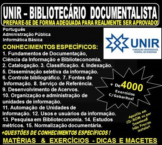 Apostila UNIR - BIBLIOTECÁRIO DOCUMENTALISTA - Teoria + 4.000 Exercícios - Concurso 2018