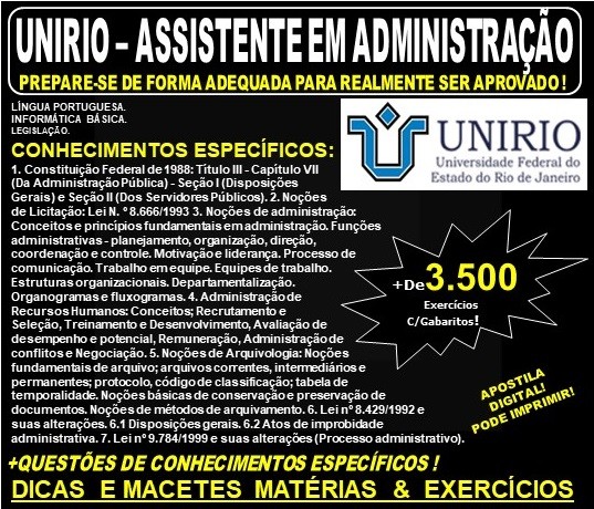 Apostila UNIRIO - ASSISTENTE em ADMINISTRAÇÃO - Teoria + 3.500 Exercícios - Concurso 2019