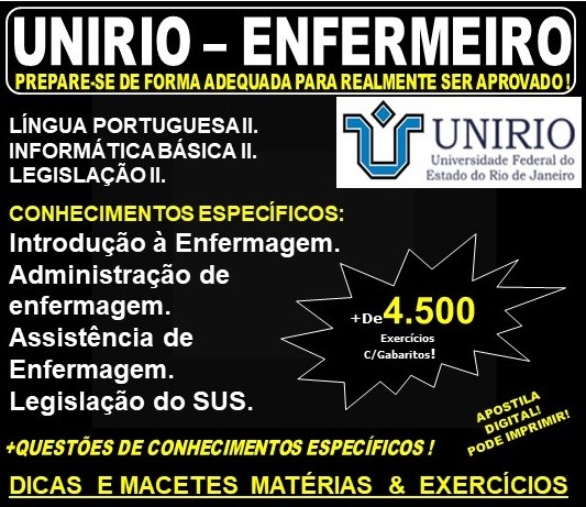 Apostila UNIRIO -  ENFERMEIRO - Teoria + 4.500 Exercícios - Concurso 2019