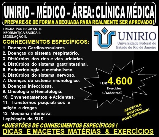 Apostila UNIRIO - MÉDICO - Área: CLÍNICA MÉDICA - Teoria + 4.600 Exercícios - Concurso 2019