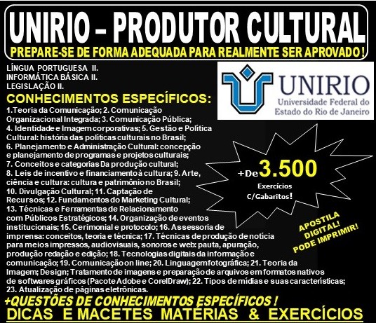 Apostila UNIRIO - PRODUTOR CULTURAL - Teoria + 3.500 Exercícios - Concurso 2019