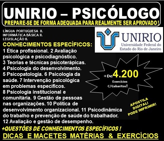Apostila UNIRIO - PSICÓLOGO - Teoria + 4.200 Exercícios - Concurso 2019