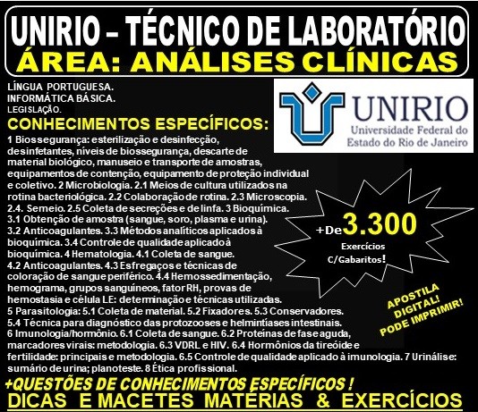 Apostila UNIRIO - TÉCNICO de LABORATÓRIO - Área: ANÁLISES CLÍNICAS - Teoria + 3.300 Exercícios - Concurso 2019