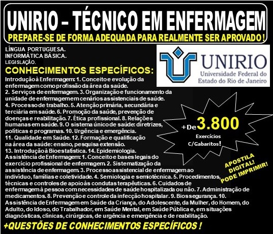 Apostila UNIRIO - TECNICO em ENFERMAGEM - Teoria + 3.800 Exercícios - Concurso 2019