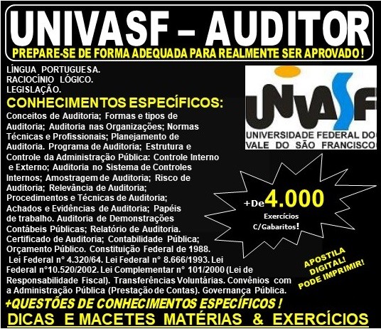 Apostila UNIVASF - AUDITOR - Teoria + 4.000 Exercícios - Concurso 2019