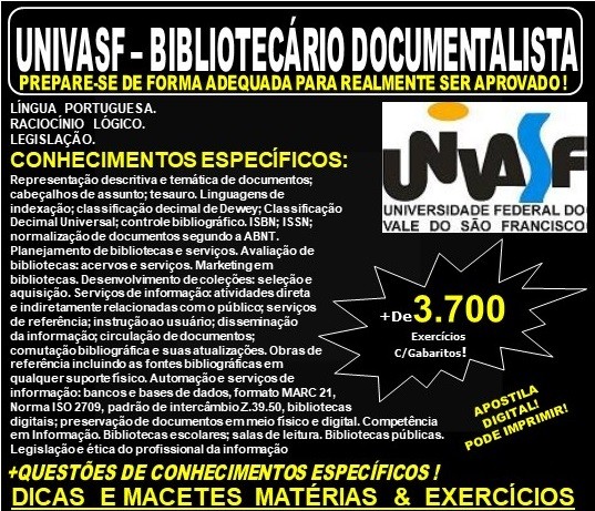 Apostila UNIVASF - BIBLIOTECÁRIO DOCUMENTALISTA - Teoria + 3.700 Exercícios - Concurso 2019