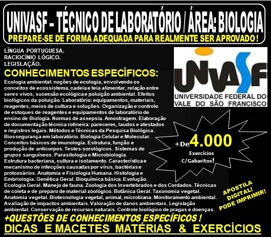 Apostila UNIVASF - TÉCNICO de LABORATÓRIO / Área: BIOLOGIA - Teoria + 4.000 Exercícios - Concurso 2019