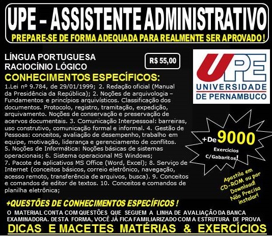Apostila UPE - ASSISTENTE ADMINISTRATIVO - Teoria + 9.000 Exercícios - Concurso 2017