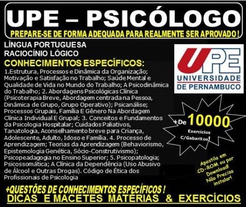 Apostila UPE - PSICÓLOGO - Teoria + 10.000 Exercícios - Concurso 2017