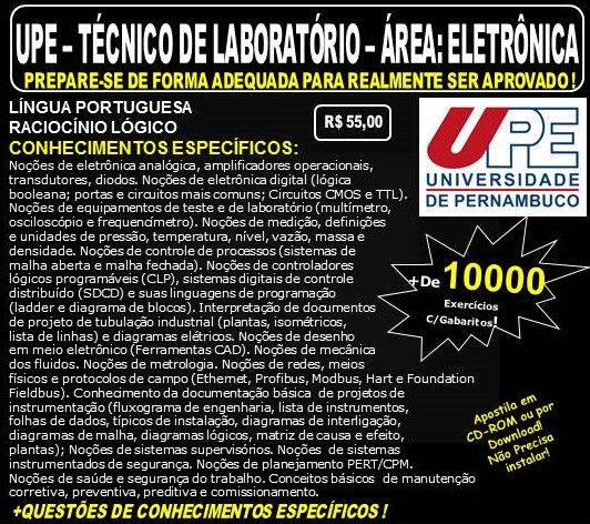 Apostila UPE - TÉCNICO de LABORATÓRIO - Área: ELETRÔNICA - Teoria + 10.000 Exercícios - Concurso 2017